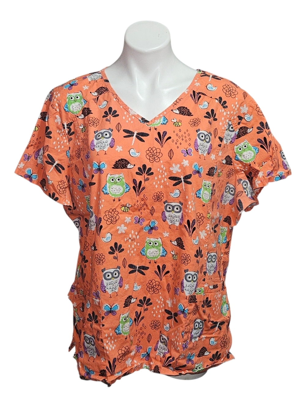 Scrubstar Orange Owl Print V-Neck Scrub Top
